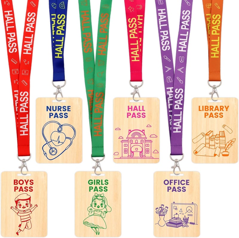 WorldBazaar Wooden Bathroom Passes Lanyards 6 Sets Classroom Hall Pass Bathroom Office Library Nurse Girls Boys School Teacher Supplies - Image 1